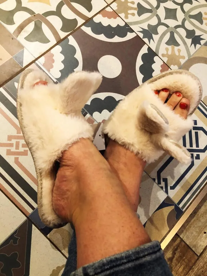 Loungeable Glamorous Soft Faux Fur Peeptoe Mule Bunny Ear Slippers with Non-Slip Hard Sole Grey / Cream
