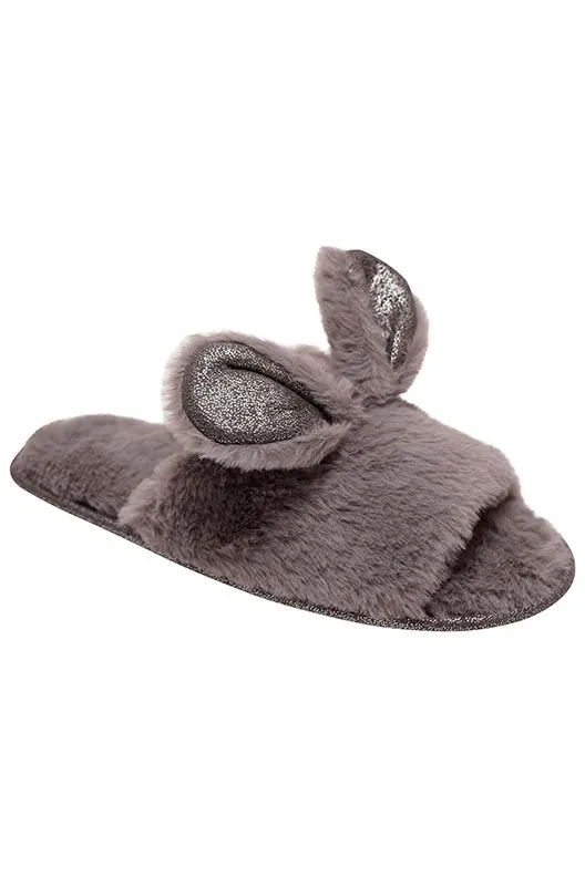 Loungeable Glamorous Soft Faux Fur Peeptoe Mule Bunny Ear Slippers with Non-Slip Hard Sole Grey / Cream