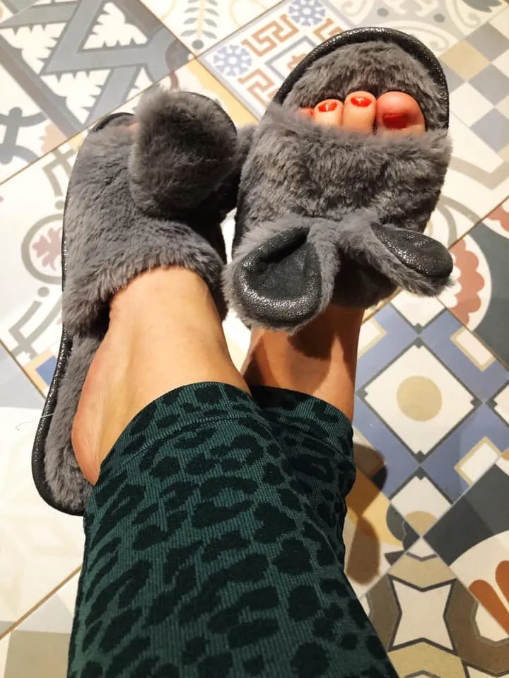 Loungeable Glamorous Soft Faux Fur Peeptoe Mule Bunny Ear Slippers with Non-Slip Hard Sole Grey / Cream