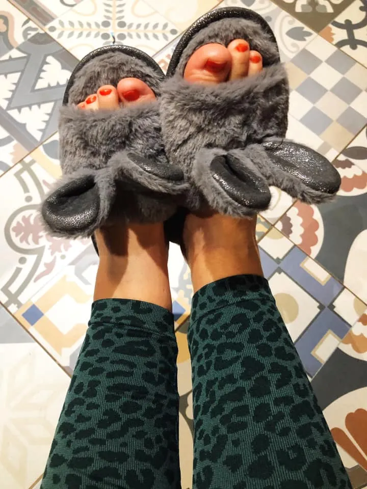 Loungeable Glamorous Soft Faux Fur Peeptoe Mule Bunny Ear Slippers with Non-Slip Hard Sole Grey / Cream