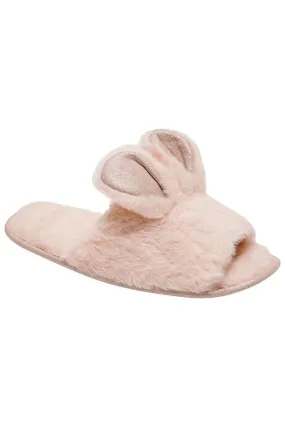 Loungeable Glamorous Soft Faux Fur Peeptoe Mule Bunny Ear Slippers with Non-Slip Hard Sole Grey / Cream