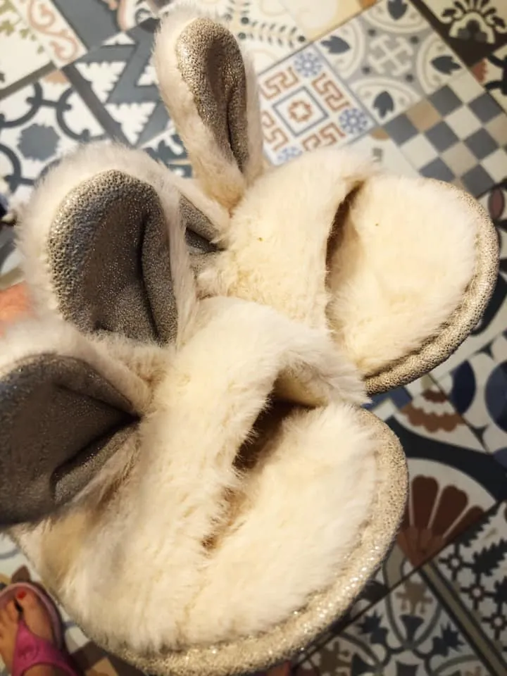 Loungeable Glamorous Soft Faux Fur Peeptoe Mule Bunny Ear Slippers with Non-Slip Hard Sole Grey / Cream