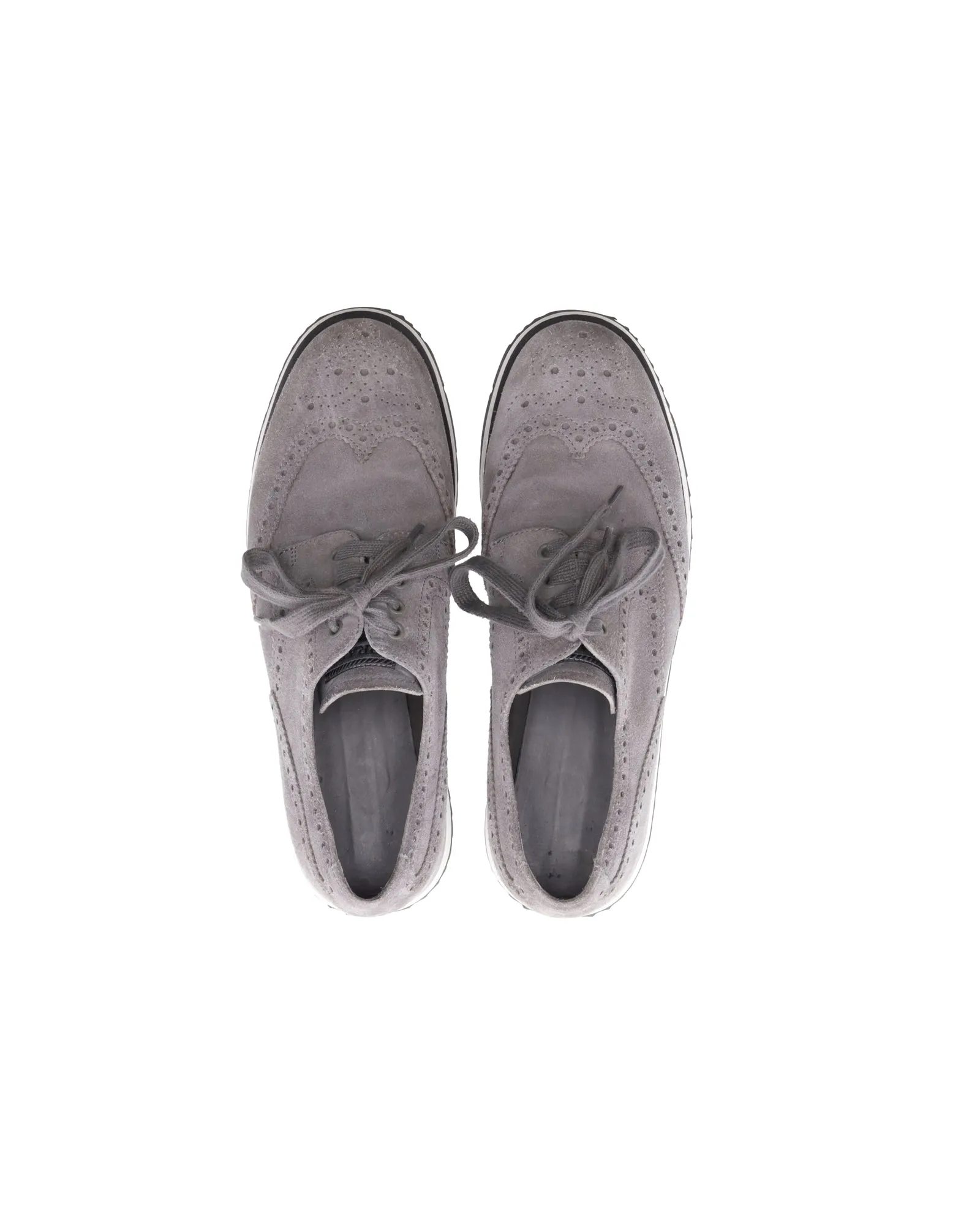 Prada Wingtip Detail Derby Sneakers in Grey Suede