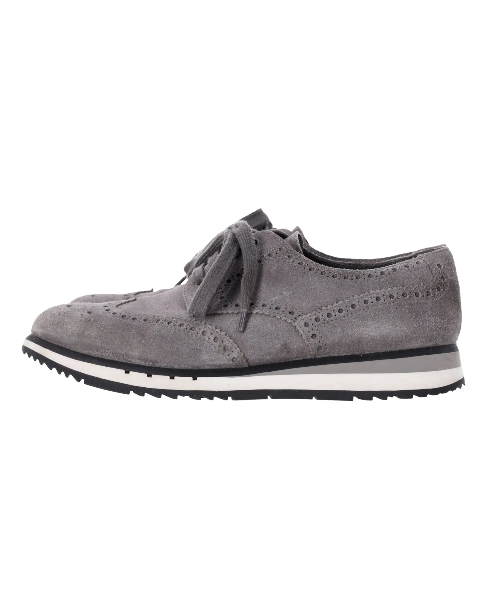 Prada Wingtip Detail Derby Sneakers in Grey Suede