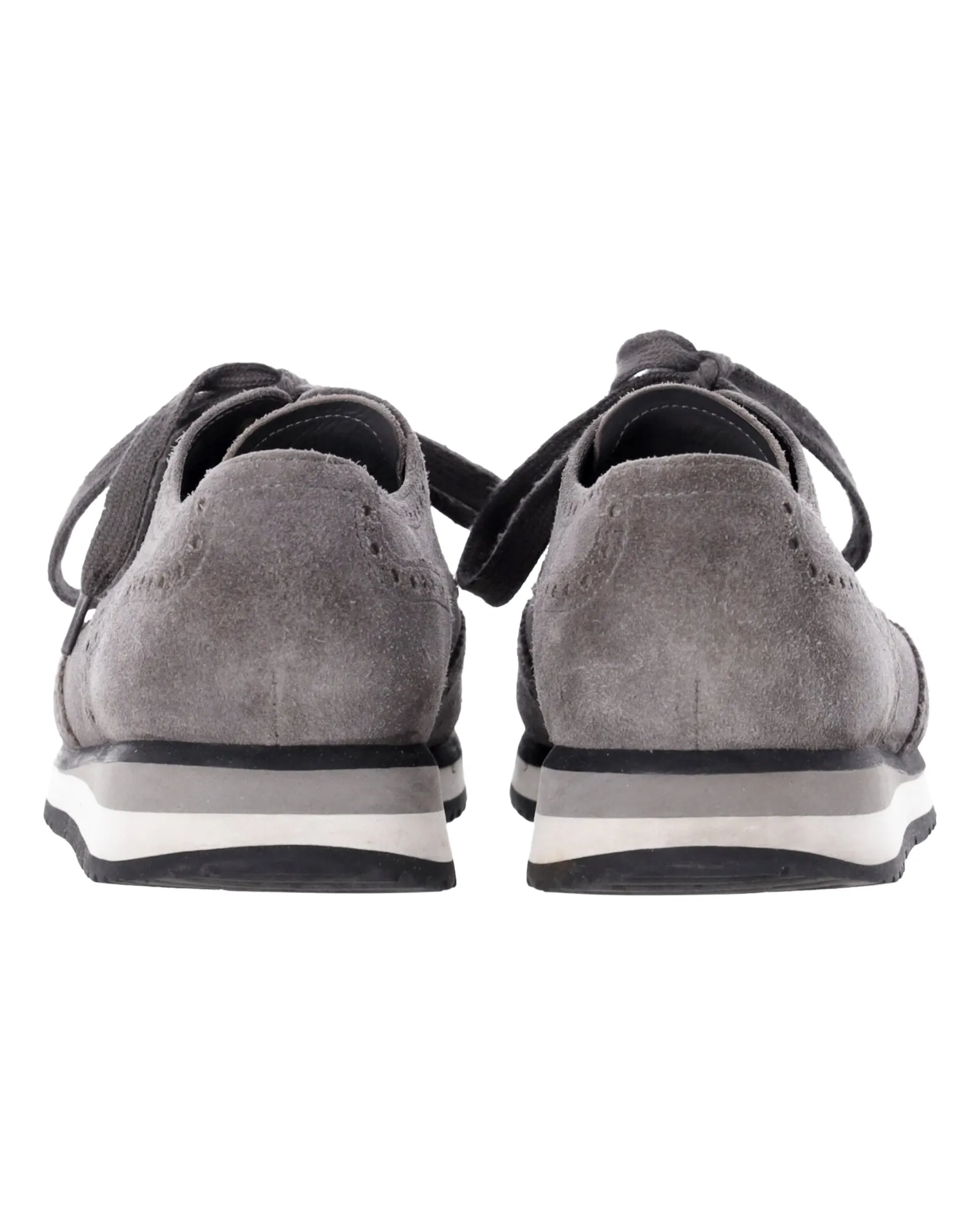 Prada Wingtip Detail Derby Sneakers in Grey Suede