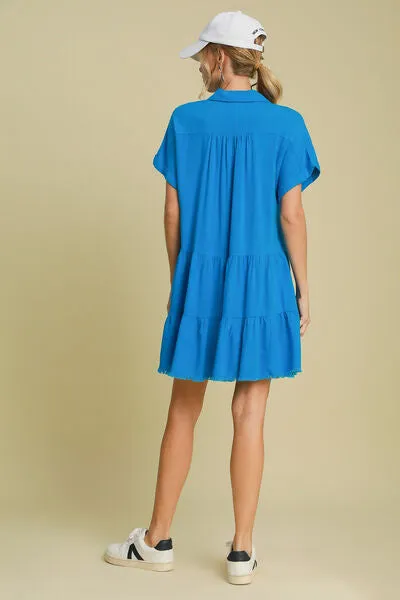 Raw Hem Folded Sleeve Tiered Dress