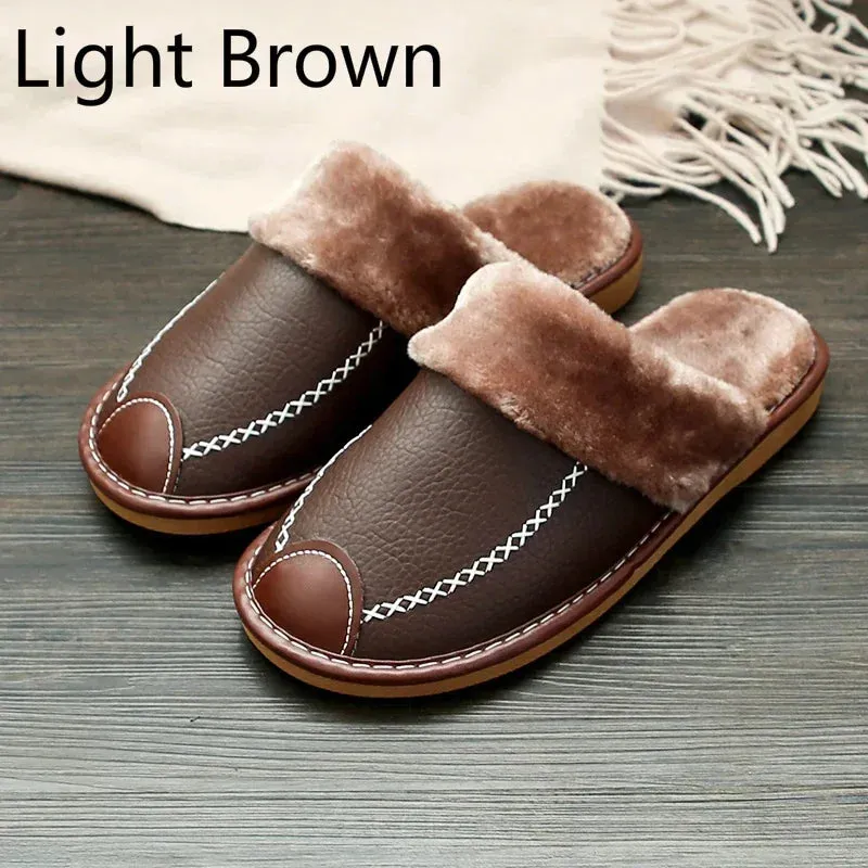 Winter Warm PU Leather Waterproof  Slippers for Men