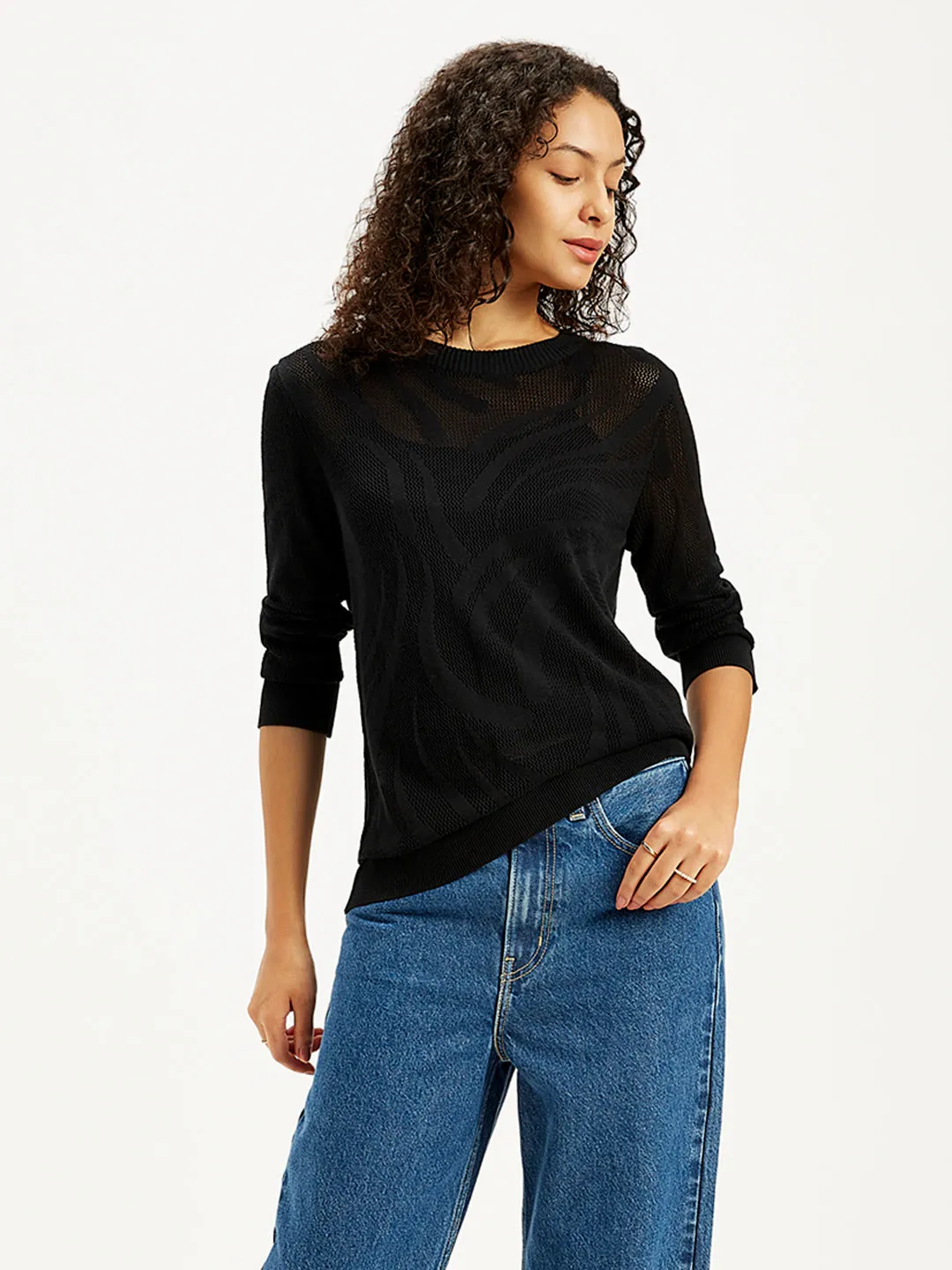 Women's Self Design Black Crew Neck Sweater