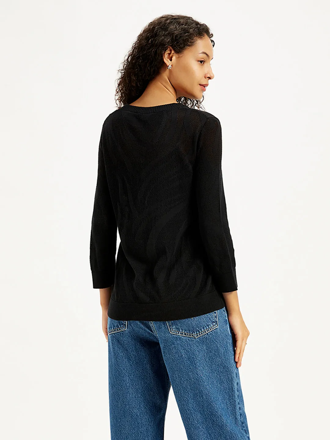 Women's Self Design Black Crew Neck Sweater