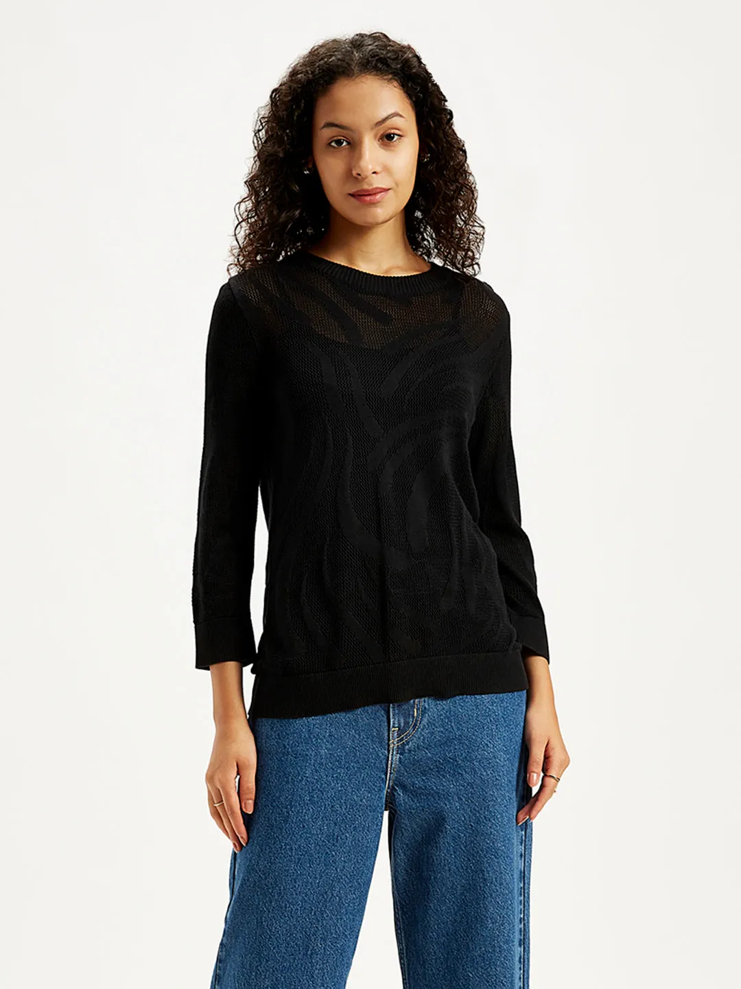 Women's Self Design Black Crew Neck Sweater