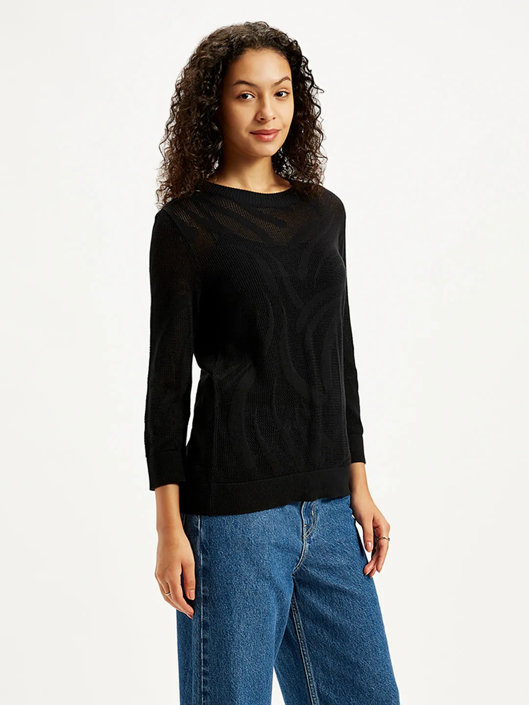 Women's Self Design Black Crew Neck Sweater
