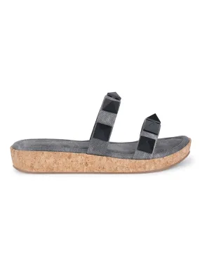 Women's Two Strap Diamond Stone Black Lightweight Sandals